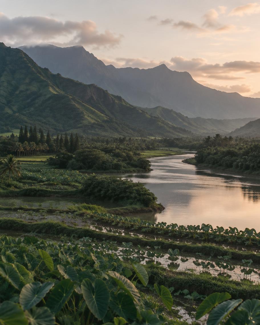 Hanalei valley and river at dawn on Kauaʻi's north shore