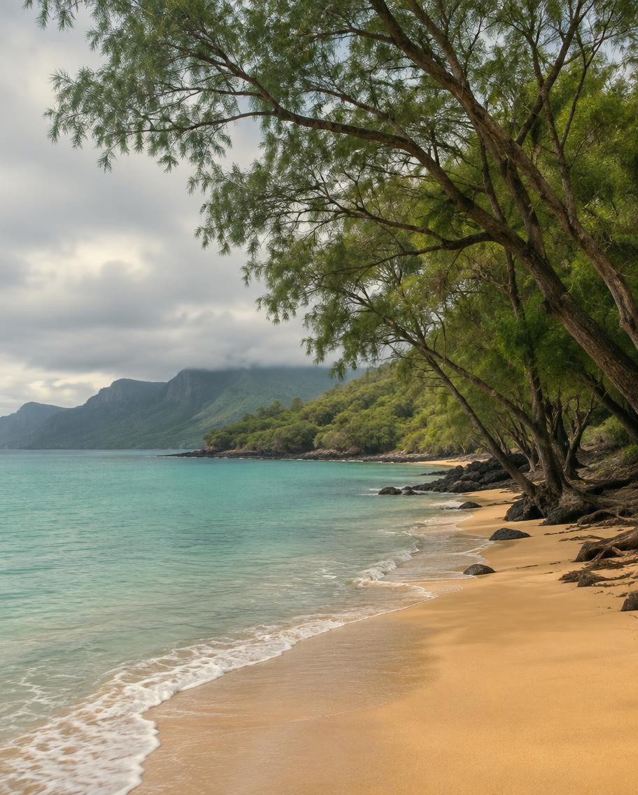 Quiet Kauaʻi beach with ironwood trees and turquoise water