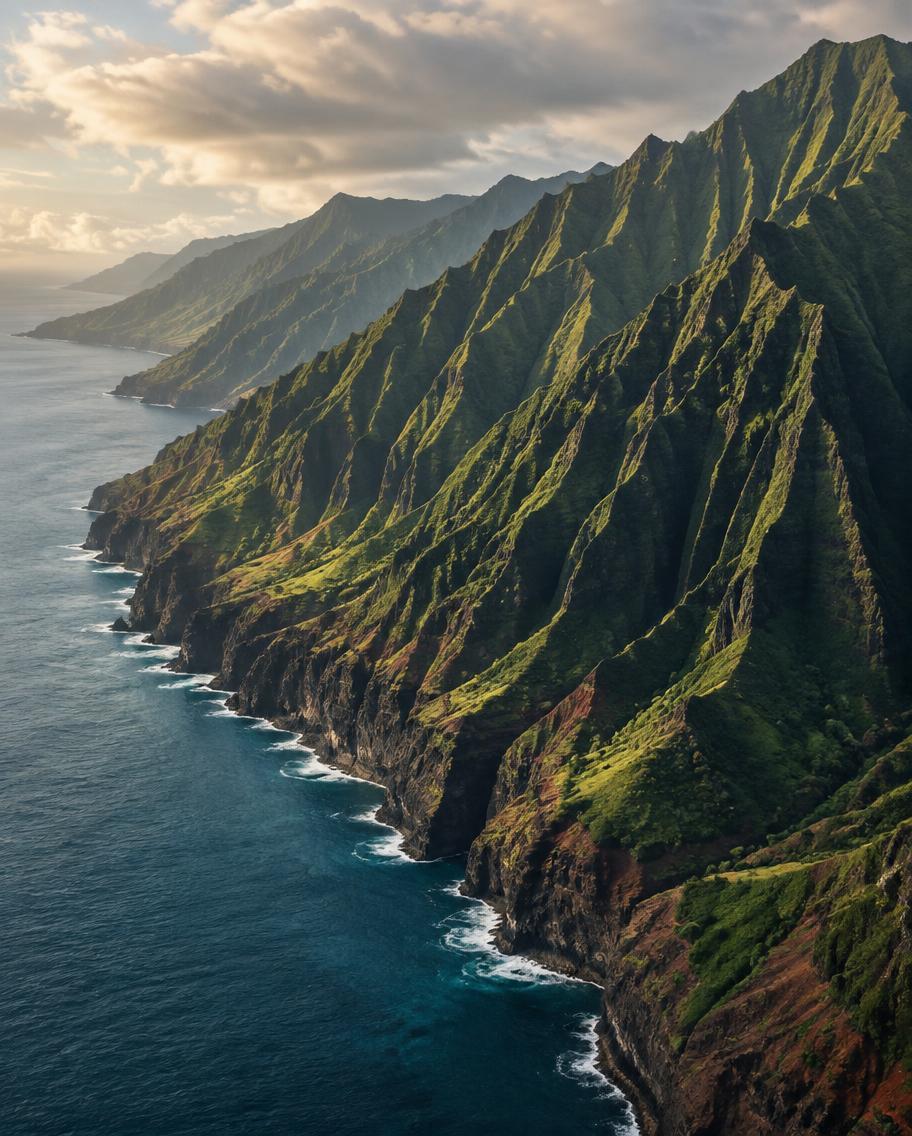 Fluted green sea cliffs of the Nāpali Coast above the ocean