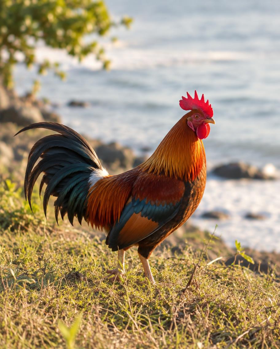 A wild red junglefowl rooster near the Kauaʻi shoreline